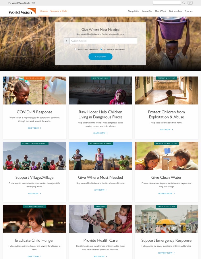 A screenshot of the donate.worldvision.ca homepage